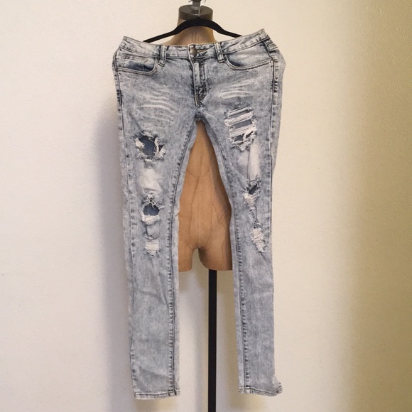 Stretchy Jean wash distressed skinny jeans - Picture 2 of 6